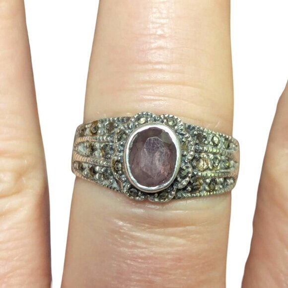 Amethyst Marcasite Sterling Silver Victorian Art Deco Art Nouveau Boho Ring 10 - Picture 1 of 7